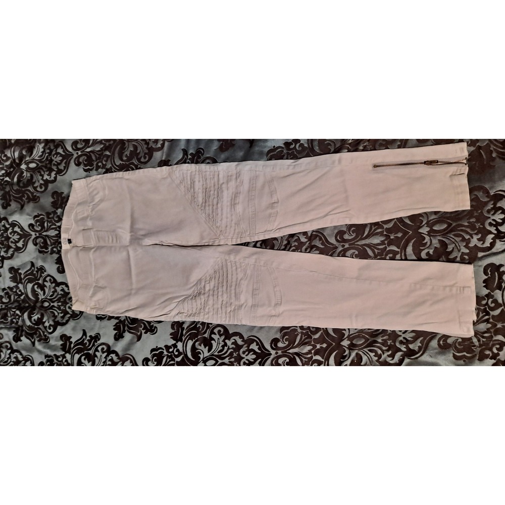 Large Beige denim moto-style pants feature ribbed knee panels and‎ zipper Ankles